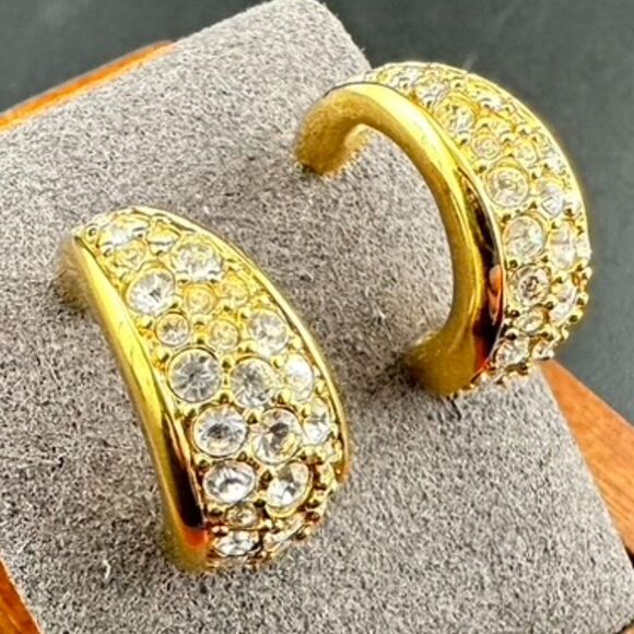 Signed Swarovski Gold tone Pave Crystal Half Hoop Earrings - Picture 6 of 7